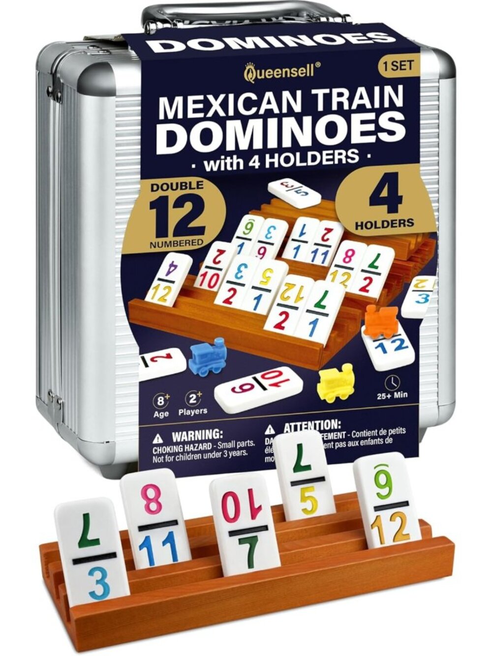 Mexican Train Dominoes Set - Double 12 with Numbers & 4 Wooden Holders